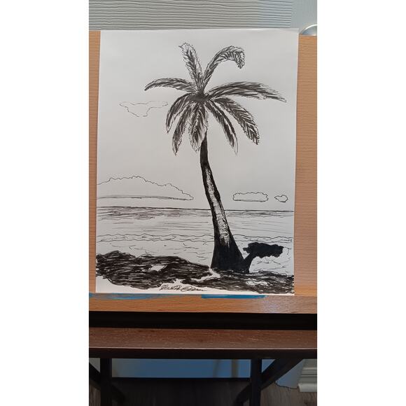 Palm Tree Ocean Florida Landscape Scene 9x12 Inch OOAK Original Ink Drawing - Picture 3 of 4